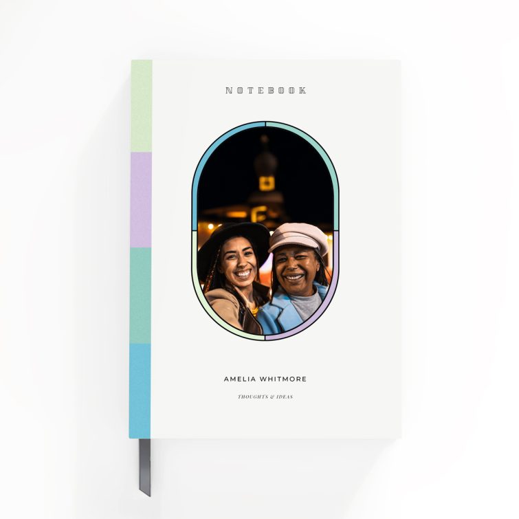 Colourful personalised notebook design with one photo on the front cover, featuring green, purple, and turquoise accents for Utterly Printable