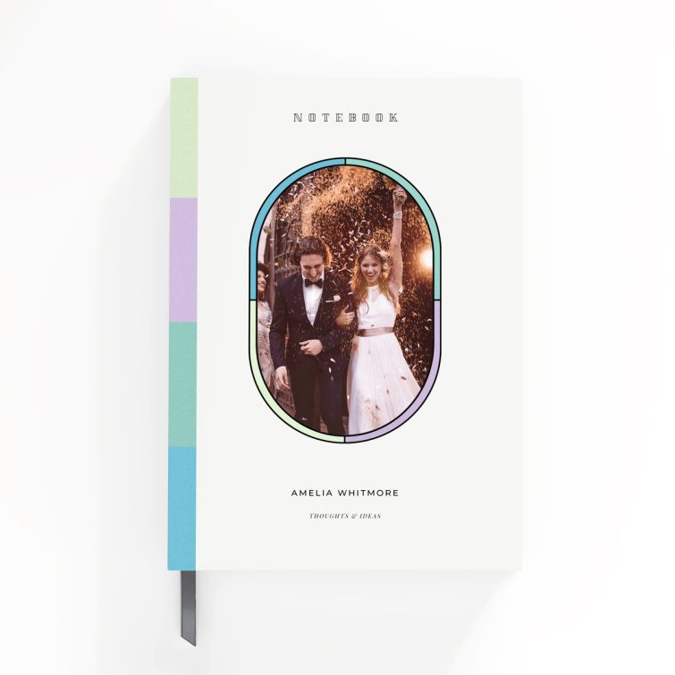 Personalised wedding notebook cover design with one photo, featuring pastel accents and elegant typography.