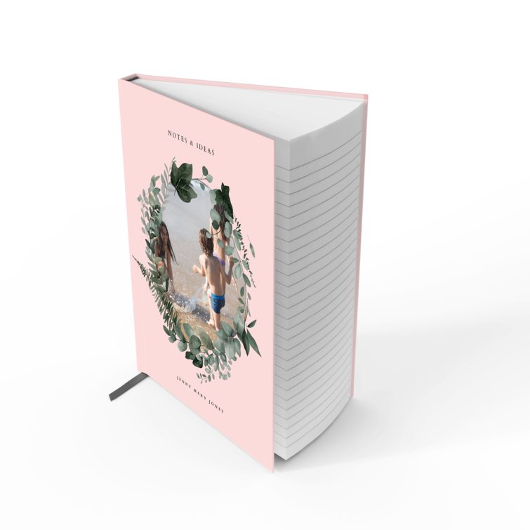 Pink floral notebooks design with one photo placeholder for personalised printing by Utterly Printable.