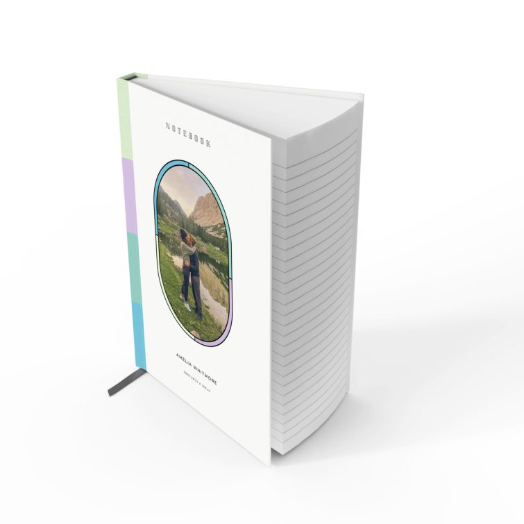 Personalised notebook design with one photo, featuring vibrant pastel colours and elegant typography.