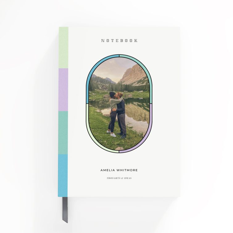 Personalised notebook design with one photo, featuring vibrant pastel colours and elegant typography.