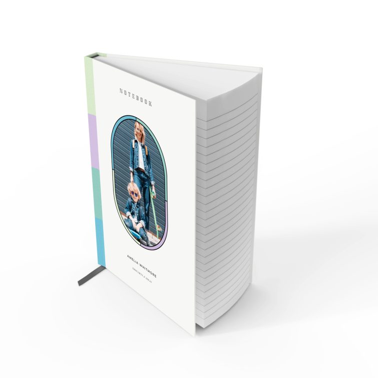 Colourful portrait notebook design with one photo on the front cover from Utterly Printable.