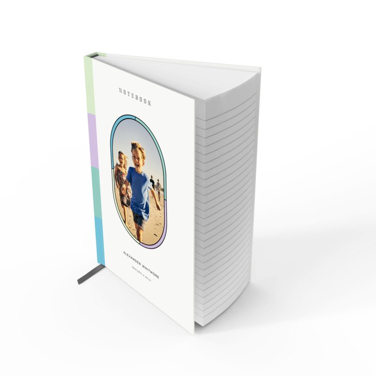 Colourful personalised notebook cover design with one photo, ideal for custom printing.