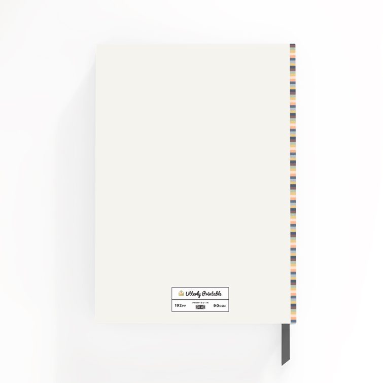 Striped cover portrait notebook design with a single photo on the front cover, ideal for personalisation by Utterly Printable.