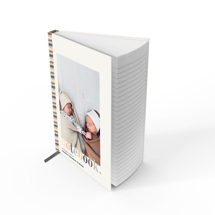 Striped cover portrait notebook design with a single photo on the front cover, ideal for personalisation by Utterly Printable.