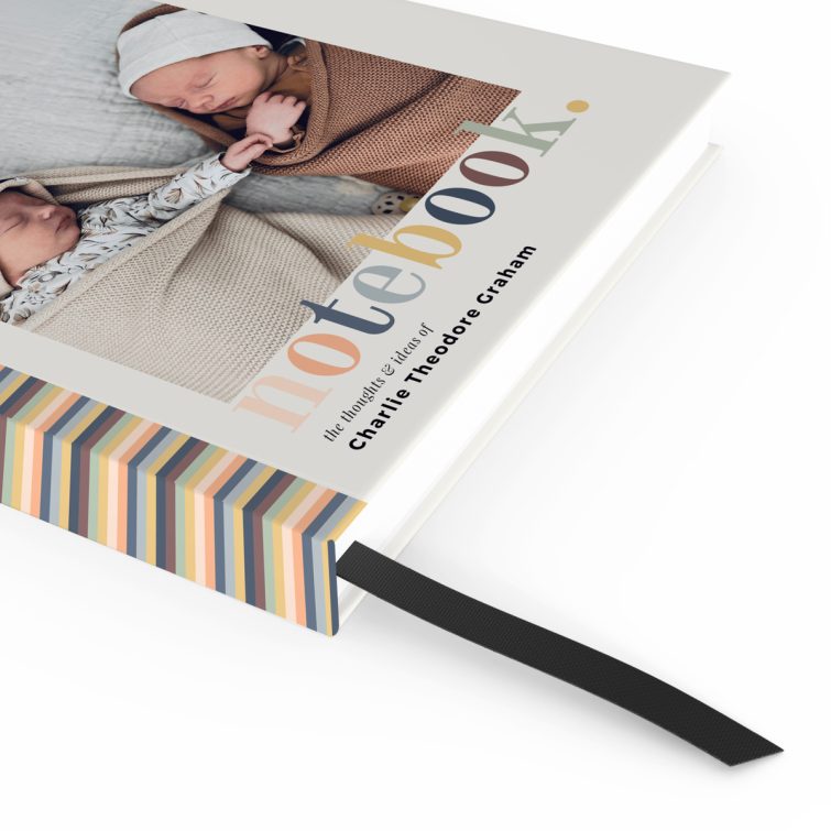 Striped cover portrait notebook design with a single photo on the front cover, ideal for personalisation by Utterly Printable.