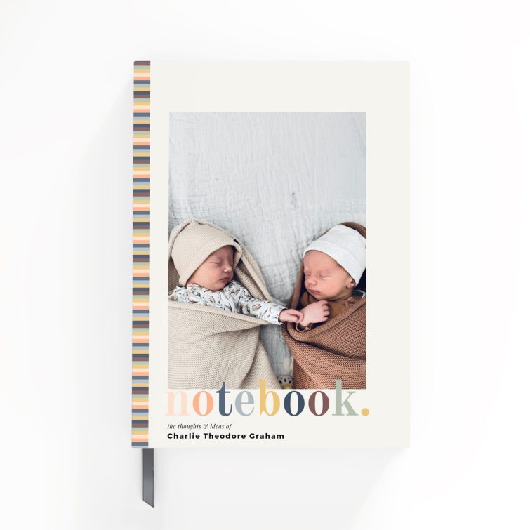 Striped cover portrait notebook design with a single photo on the front cover, ideal for personalisation by Utterly Printable.