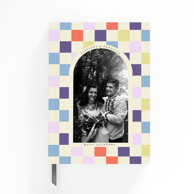 Colourful personalised notebooks design with checkerboard pattern and one black and white photo on cover.