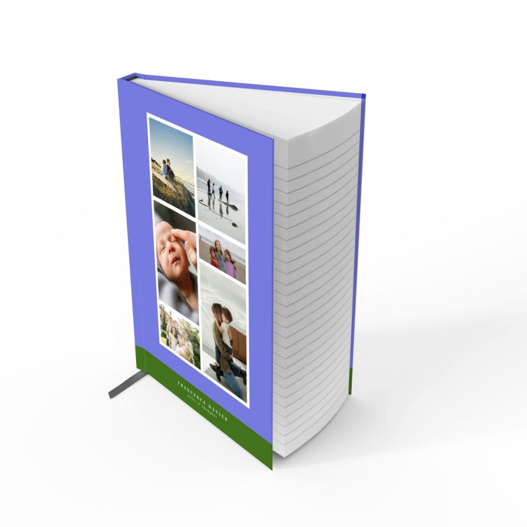 Personalised portrait notebook design with six placeholder photos on a full cover spread by Utterly Printable.