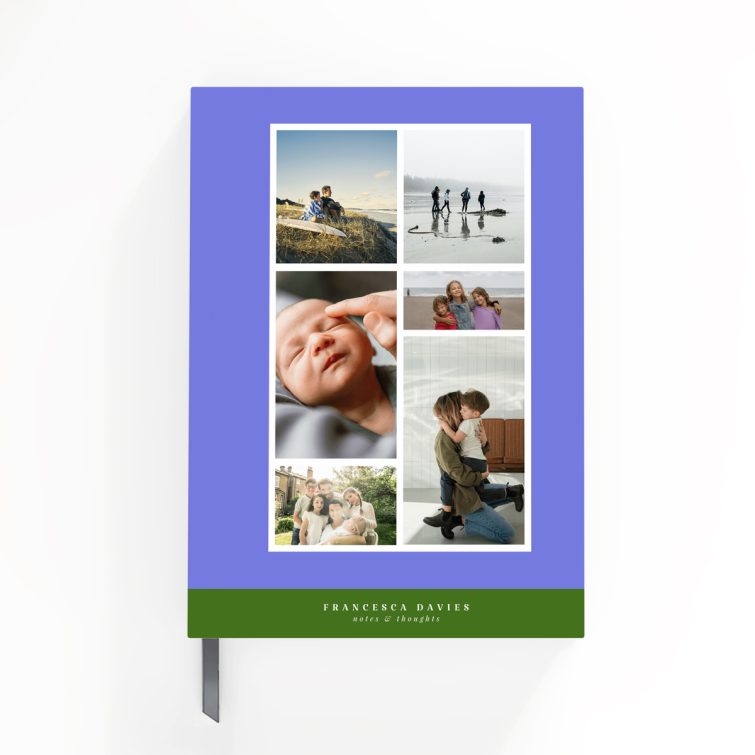 Personalised portrait notebook design with six placeholder photos on a full cover spread by Utterly Printable.