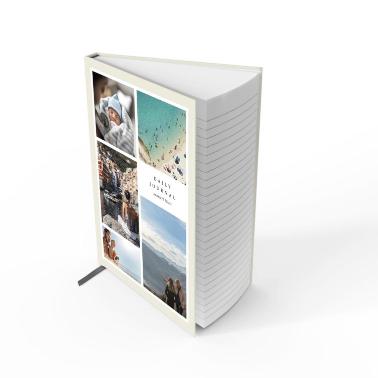 Personalised notebook cover design with five photos featuring daily journal branding.