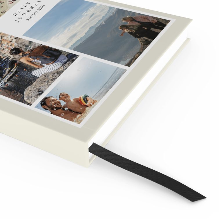 Personalised notebook cover design with five photos featuring daily journal branding.