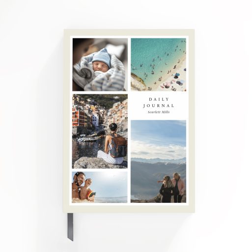 Personalised notebook cover design with five photos featuring daily journal branding.