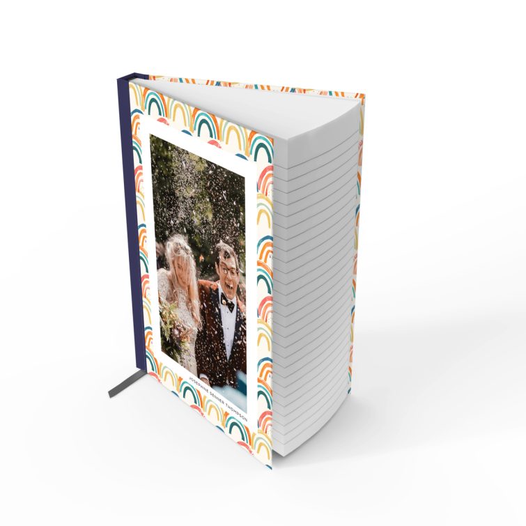 Colourful pattern notebook cover design with one photo on the front, by Utterly Printable.