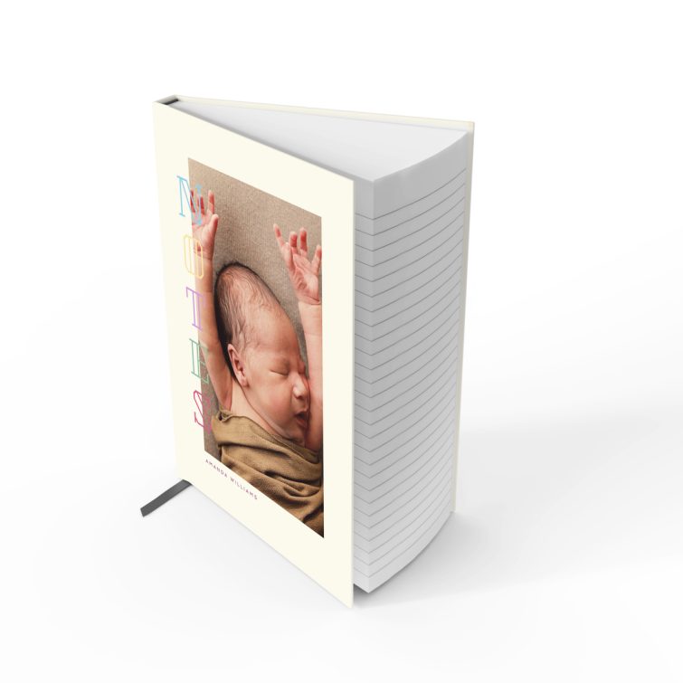 Portrait orientation personalised notebook cover design with one photo on Utterly Printable.