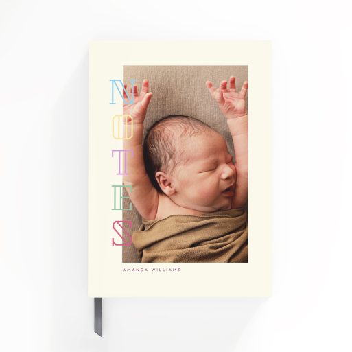 Portrait orientation personalised notebook cover design with one photo on Utterly Printable.