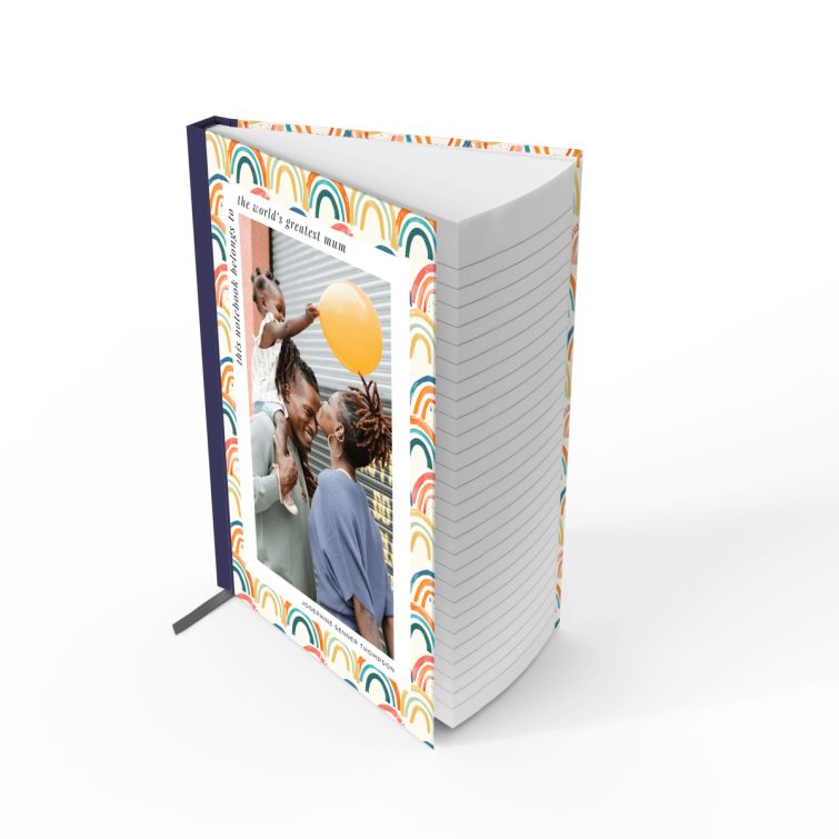 Colourful rainbow pattern notebook design with one family photo on the front cover, personalised for world's greatest mum.