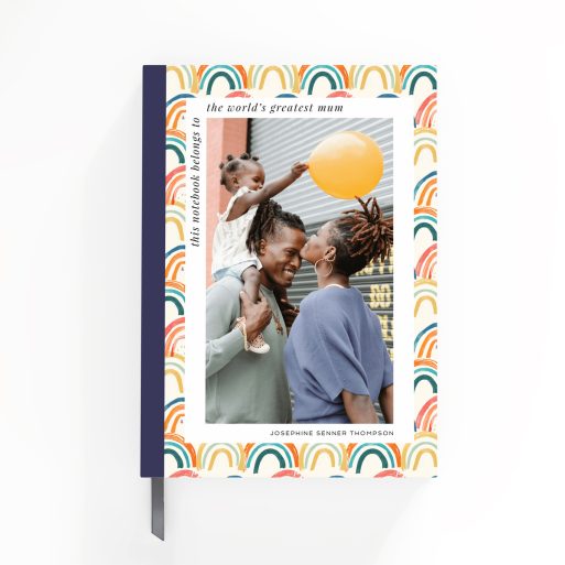 Colourful rainbow pattern notebook design with one family photo on the front cover, personalised for world's greatest mum.