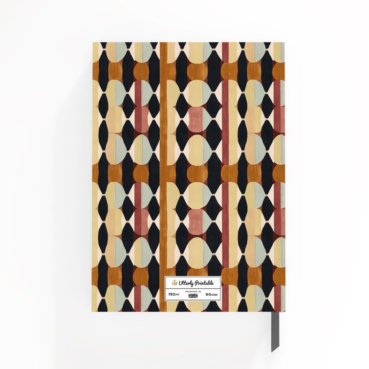 Colourful geometric pattern notebook design by Utterly Printable with one decorative photo frame on front cover.