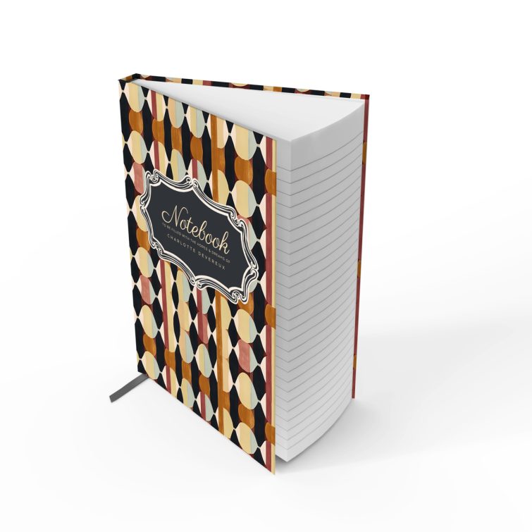 Colourful geometric pattern notebook design by Utterly Printable with one decorative photo frame on front cover.