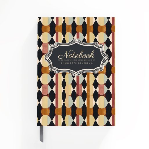 Colourful geometric pattern notebook design by Utterly Printable with one decorative photo frame on front cover.