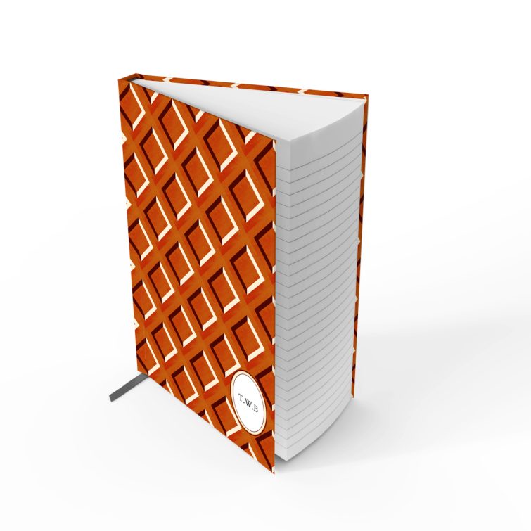 Geometric patterned notebook cover design with classic red and orange diamond shapes suitable for personalised printing, featuring one placeholder photo spot.