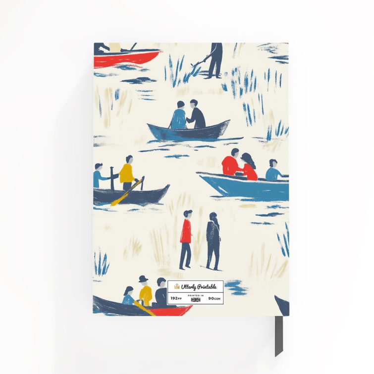 Colourful illustrated notebook cover design featuring boats and figures, including one placeholder photo.