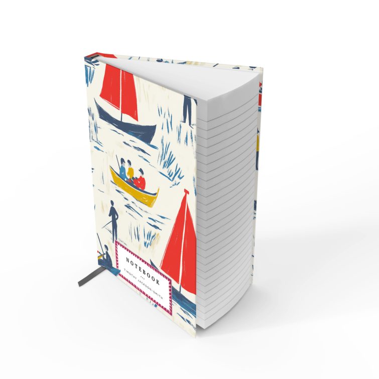 Colourful illustrated notebook cover design featuring boats and figures, including one placeholder photo.