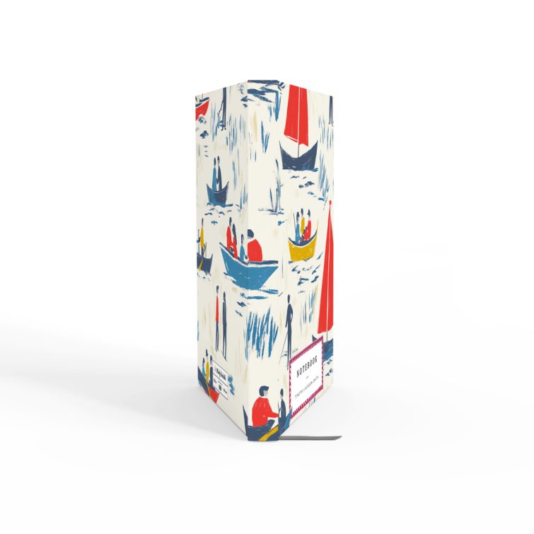 Colourful illustrated notebook cover design featuring boats and figures, including one placeholder photo.