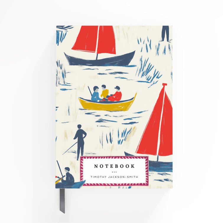 Colourful illustrated notebook cover design featuring boats and figures, including one placeholder photo.