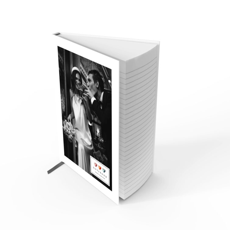 Luxury wedding-themed notebook cover design with one black and white photo, featuring a stylish couple celebrating.