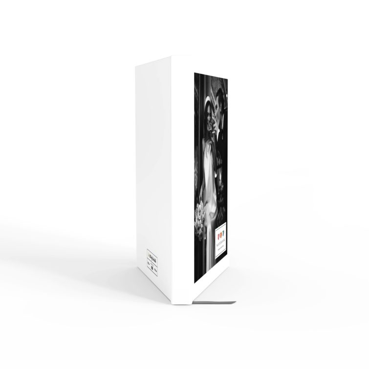 Luxury wedding-themed notebook cover design with one black and white photo, featuring a stylish couple celebrating.