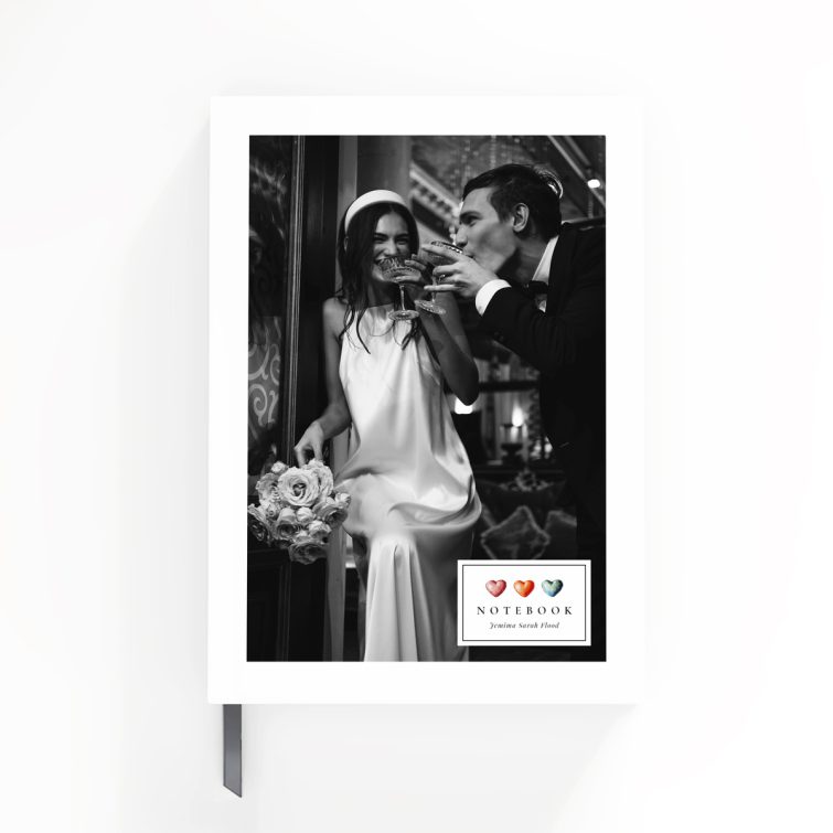 Luxury wedding-themed notebook cover design with one black and white photo, featuring a stylish couple celebrating.