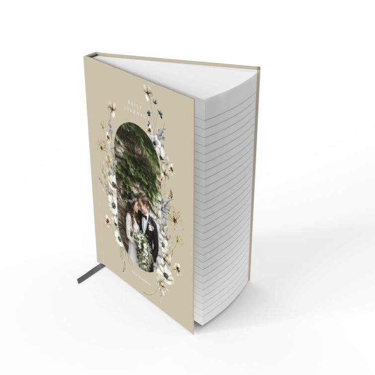 Elegant floral design portrait notebook cover with one photo placeholder for personalised printing.