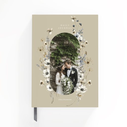 Elegant floral design portrait notebook cover with one photo placeholder for personalised printing.