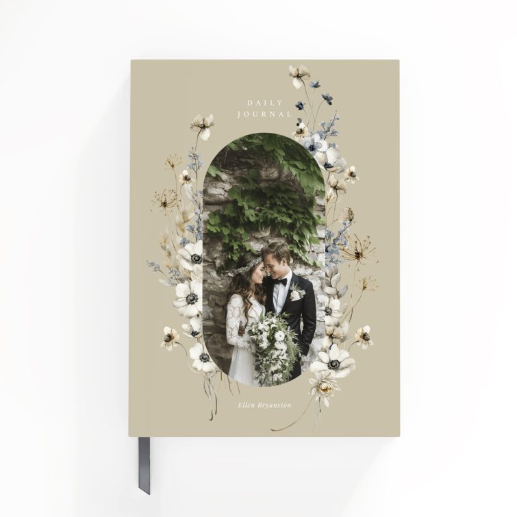 Elegant floral design portrait notebook cover with one photo placeholder for personalised printing.