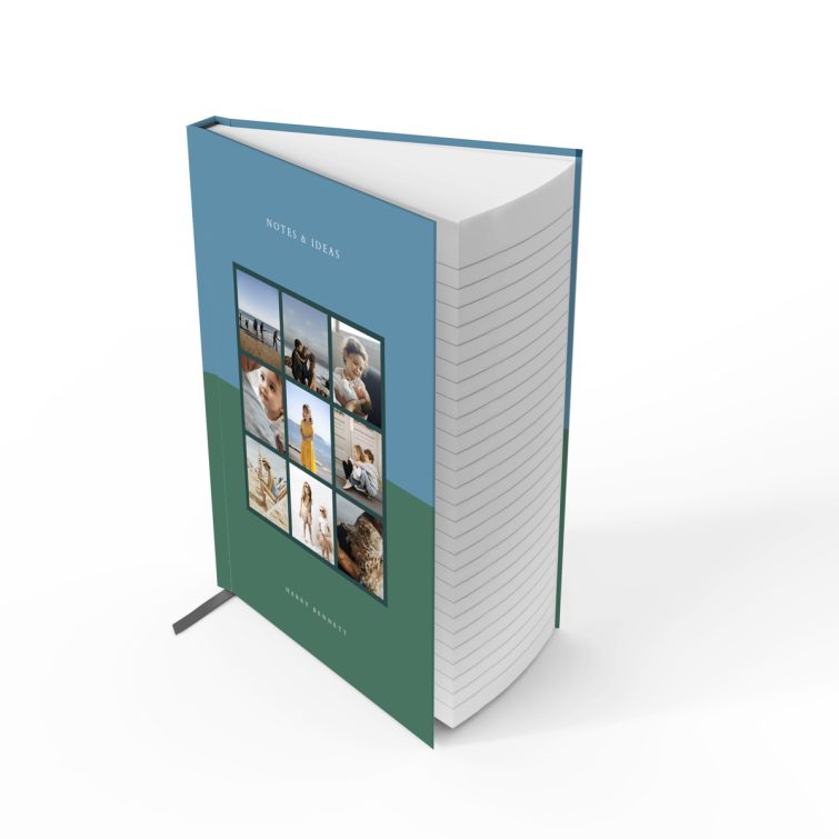 Customisable portrait notebook design with nine photos on the cover, perfect for personalised stationery from Utterly Printable.