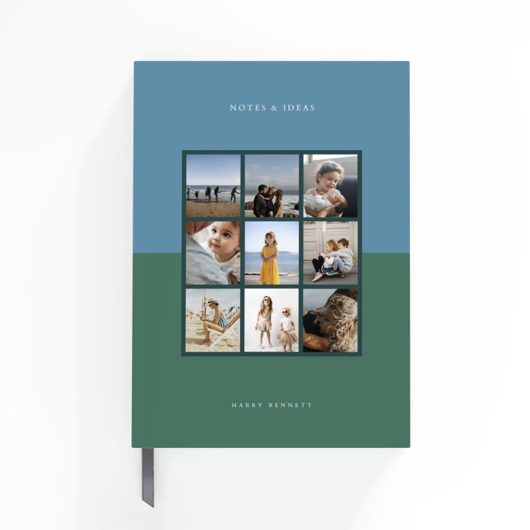 Customisable portrait notebook design with nine photos on the cover, perfect for personalised stationery from Utterly Printable.