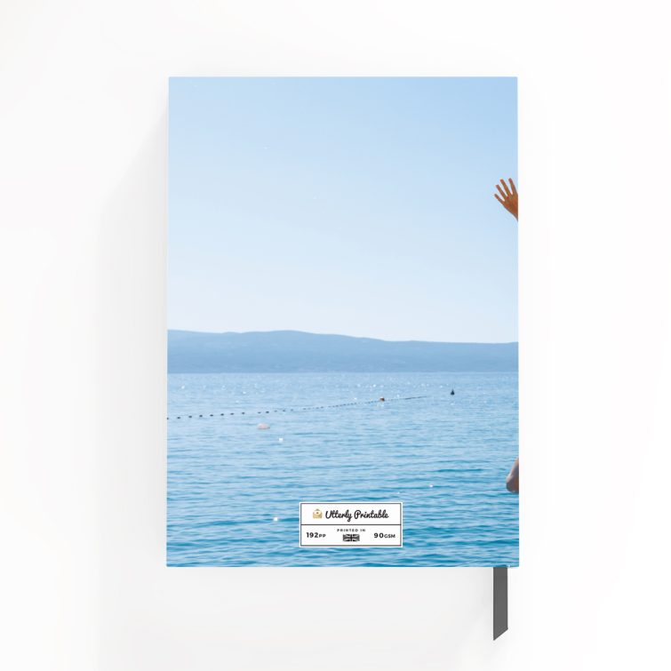 Portrait notebook design with two photos, featuring a vibrant seaside theme and the phrase "Big Ideas" by Utterly Printable.