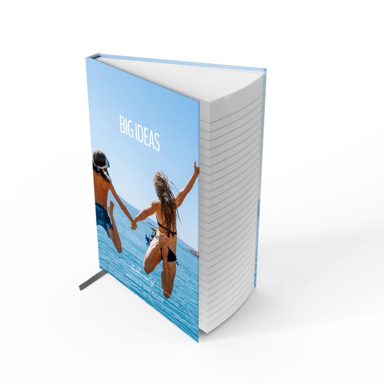 Portrait notebook design with two photos, featuring a vibrant seaside theme and the phrase "Big Ideas" by Utterly Printable.