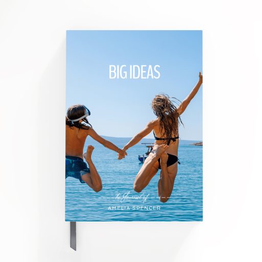 Portrait notebook design with two photos, featuring a vibrant seaside theme and the phrase "Big Ideas" by Utterly Printable.