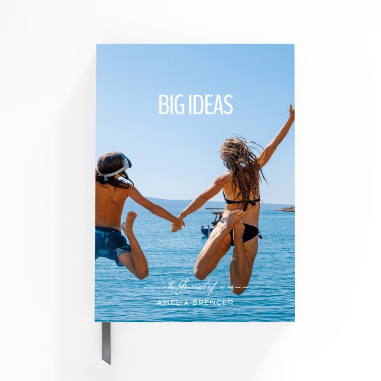 Portrait notebook design with two photos, featuring a vibrant seaside theme and the phrase "Big Ideas" by Utterly Printable.