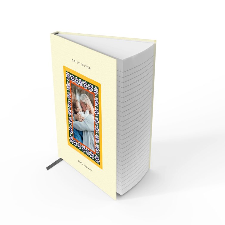 Portrait orientation notebooks design with floral border and one photo on the cover.