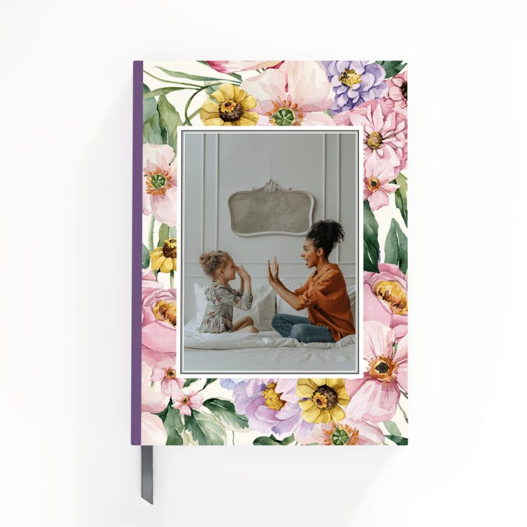 Floral design portrait notebook cover with one photo on the front.