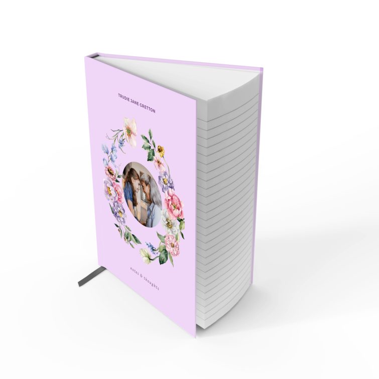 Floral design portrait notebook cover with one photo placeholder by Utterly Printable.