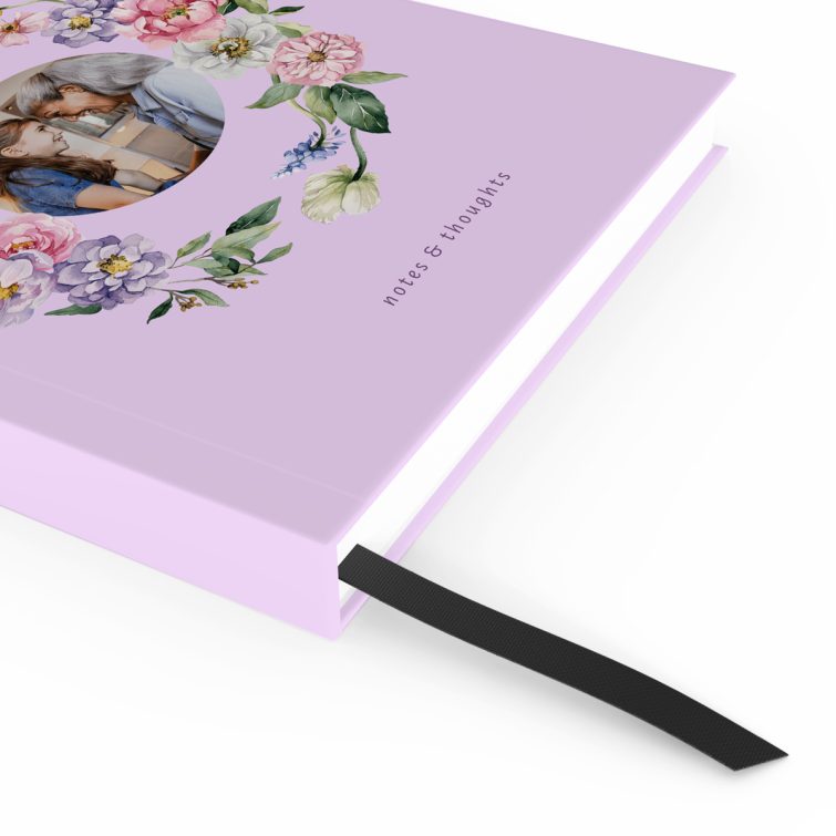 Floral design portrait notebook cover with one photo placeholder by Utterly Printable.