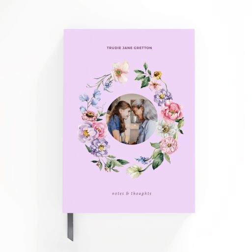 Floral design portrait notebook cover with one photo placeholder by Utterly Printable.