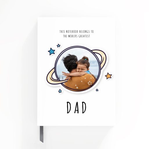 Portrait orientation notebook design featuring one photo on the front cover, with a dad theme and colourful star illustrations.