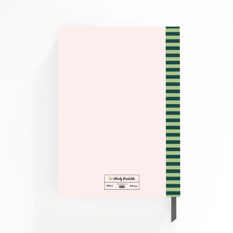 Personalised portrait notebook design with one photo on the cover featuring green stripes.