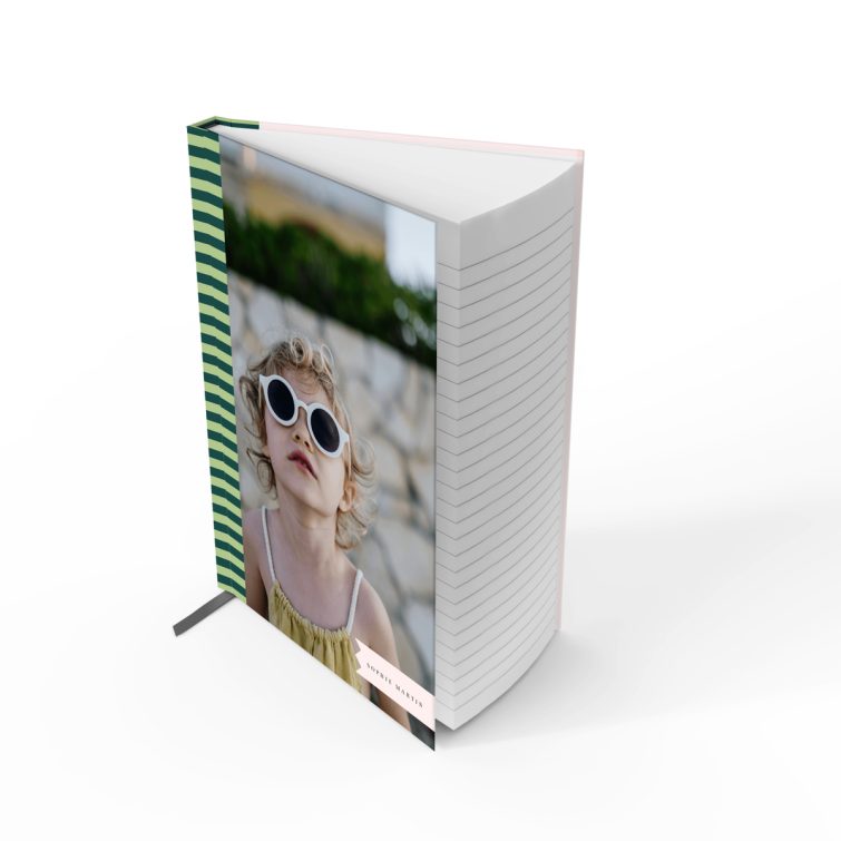 Personalised portrait notebook design with one photo on the cover featuring green stripes.